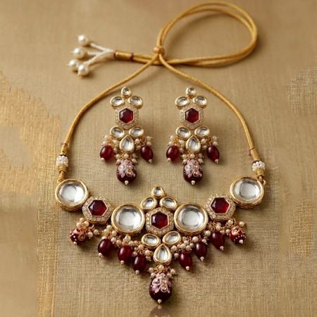 Handcrafted Ruby Kundan Bridal Necklace Set with Pearl Embellishments